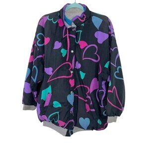 Vintage Womens Jacket One Size Reversible Knit Nylon Hearts Knit Black Purple